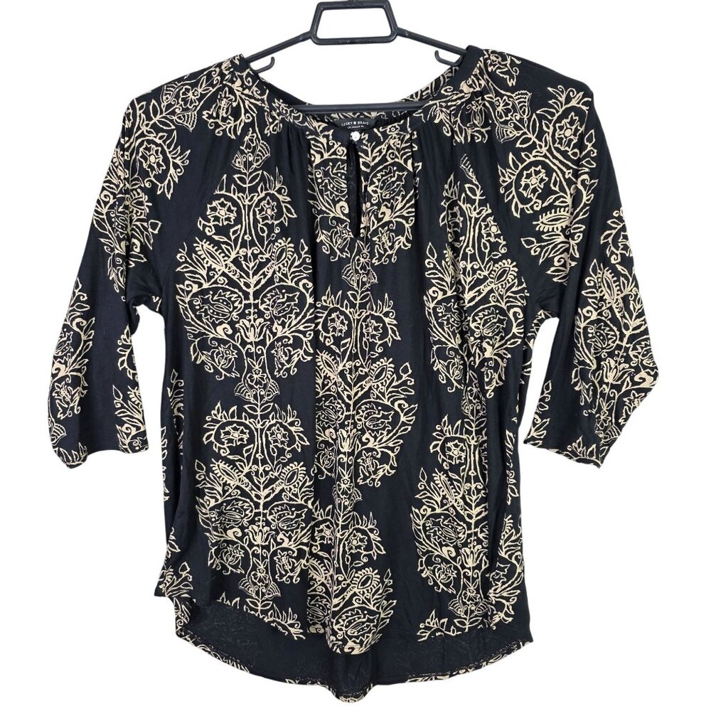 Womens Lucky Brand Black & Tan Floral Blouse Front Button Keyhole 3/4 Sleeve 2X